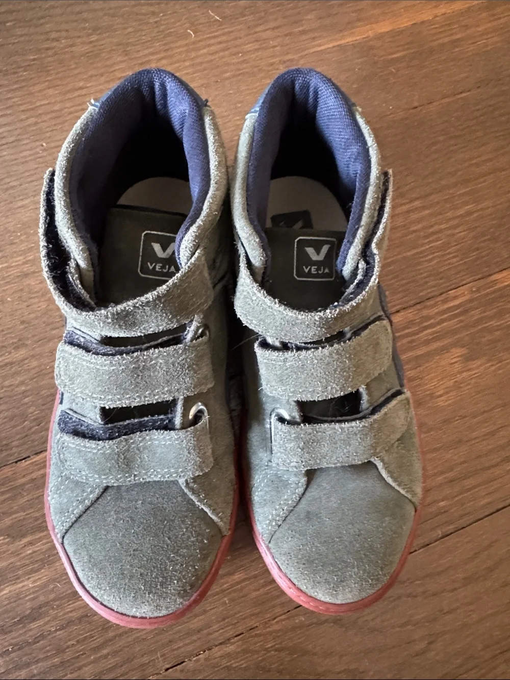 Veja Kids Suede Sneakers with Red Sole - Velcro Closure